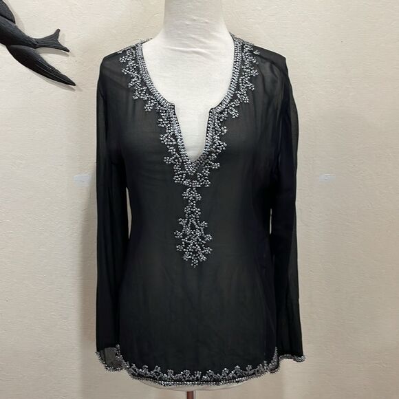 Saks Fifth Avenue 100% Silk Sheer Black Tunic Blouse With Beaded Trim - M - Picture 1 of 10